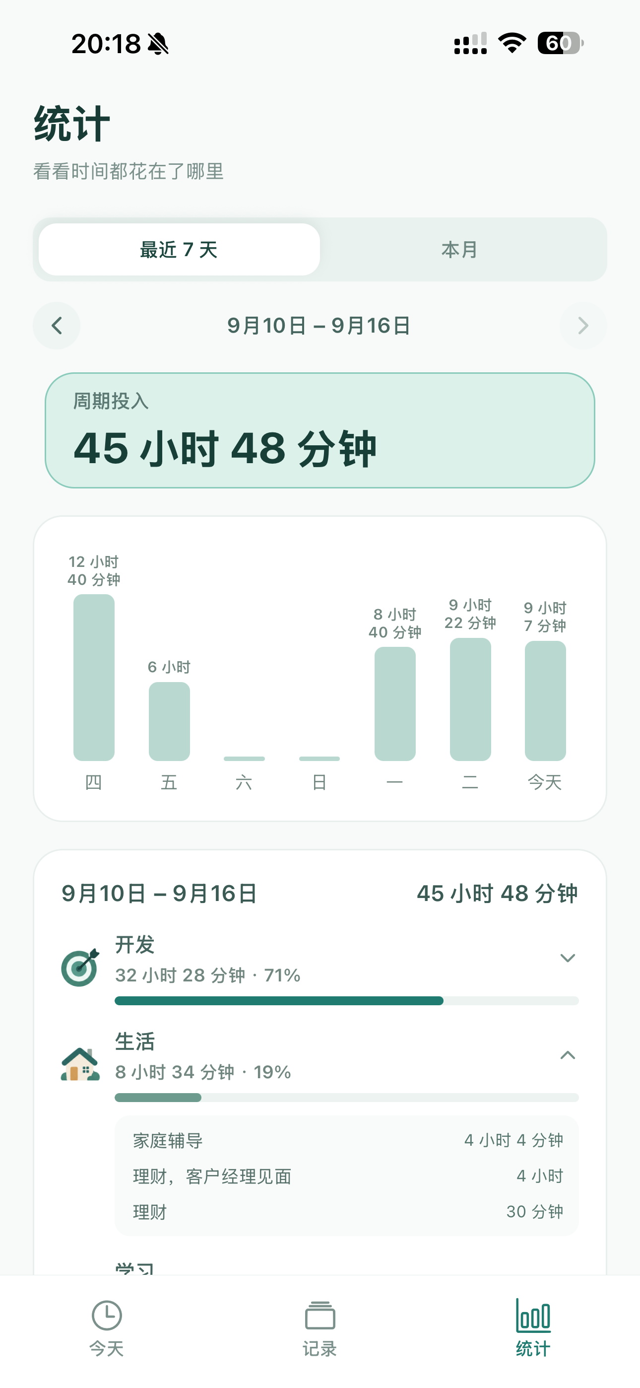 时流中文界面:最近 7 天的时间分布与分类统计